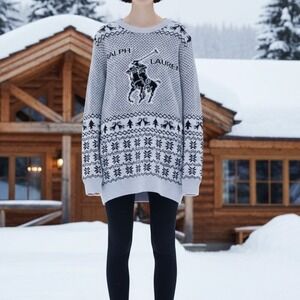 Ralph Lauren Skinny Fair Isle Festive Sweater Big Pony Holiday Nordic Knit, M/XL